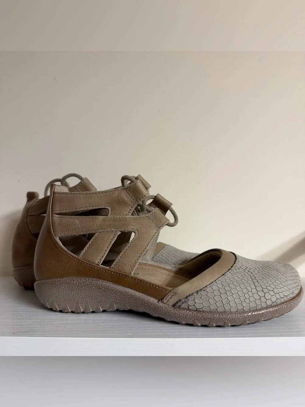 NAOT Footwear's Women's Lace-up Kata Shoe in Beige Lizard Size 6